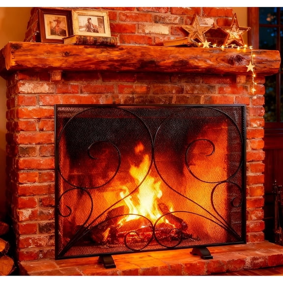 Single Panel Fireplace Screen Handcrafted Solid Wrought Iron Mesh, Heat-Resistant Fire Spark Guard for Fireplace-Black