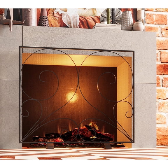 Single Panel Fireplace Screen Handcrafted Solid Wrought Iron Mesh, Heat-Resistant Fire Spark Guard for Fireplace-Black