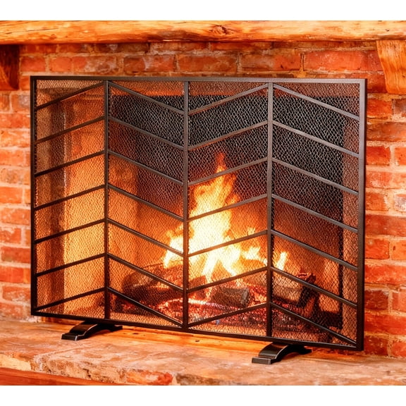 Single Panel Handcrafted Wrought Iron Mesh Chevron Fireplace Screen, Fire Spark Guard for Living Room, Bedroom Decor(Black)