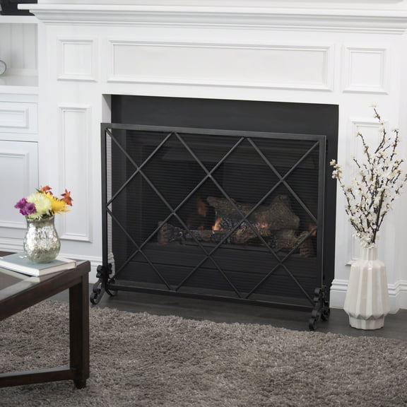 Single Panel Iron Fireplace Screen with Fine Mesh, 41.5" Wide Black Spark Guard for Wood Burning Fireplaces, Indoor Hearth Safety Barrier