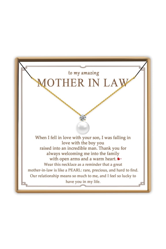 Single Pearl Necklace as Birthday Gifts for Mom, Bonus Mom Gifts for Step Mother from Daughter Son, Mother in Law Necklace with CZ from Bridal as Mother of the Groom Jewelry Gifts