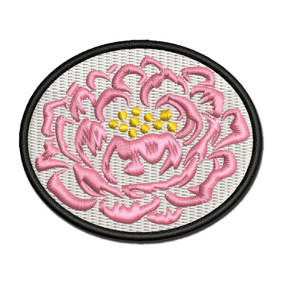 Single Peony Flower Applique Multi-Color Embroidered Iron-On Patch - 3.5 Inch Large