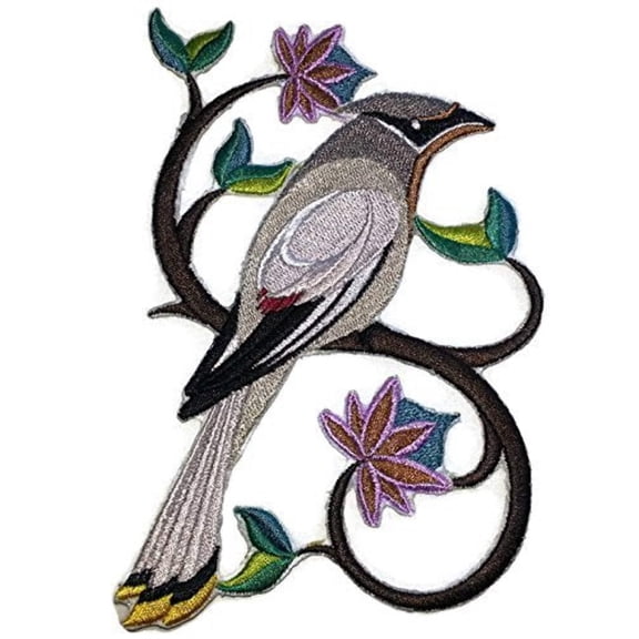 Single Perching Pretty Cedar Waxwing Bird Embroidered patch [4.2" X 6"]
