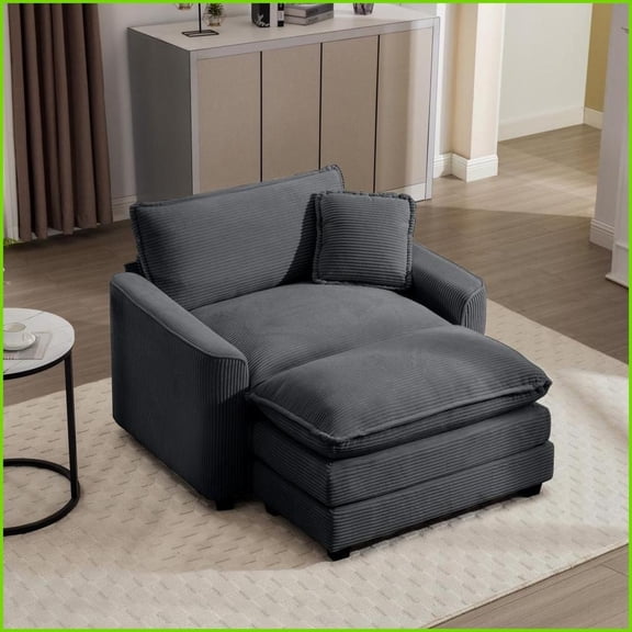 Single Person Deep Seat Sofa with Footstool & Pillow  Gray Corduroy | Cushion Back | Square Arms  Living Room/Bedroom