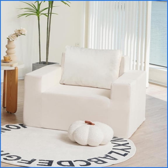 Single Person Foam Sofa in a Box with Pillow | Waterproof Stain-Resistant Polyester | Beige | Cushion Back | Living Room Bedroom Gaming Room