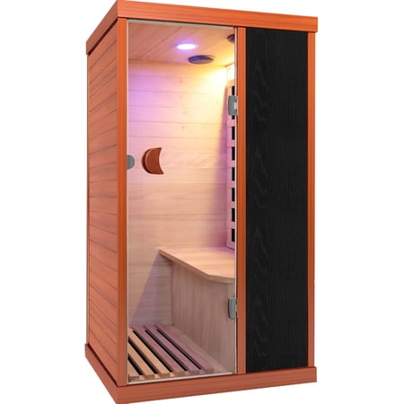 Single Person Infrared Sauna 1200W Okoume Wood Indoor Sauna Room with LED Light for Home Gym Garage
