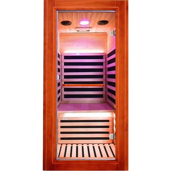 Single Person Infrared Sauna with 7 Epoxy Heaters & Oguman Wood - Home Use with Bluetooth Speakers & Towel Rails
