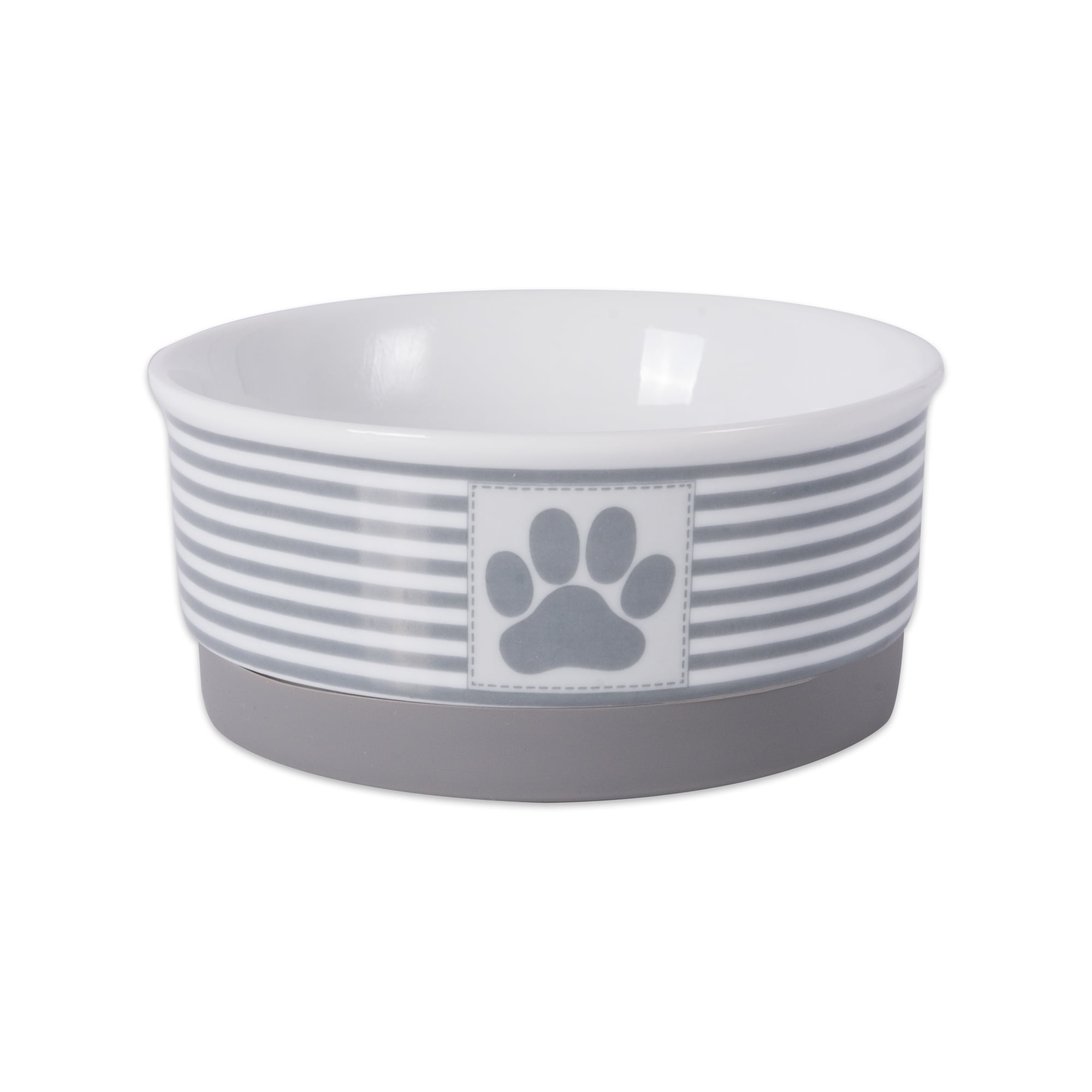 Gray Striped Ceramic Pet Bowl with Paw Print, Small
