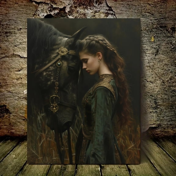 A Single Piece of 2D Framed Canvas Wall Art Featuring a Vintage Victorian Design with Black Horses And Women, Set in a Wooden Frame. This Printed Poster Is Suitable for Direct Wall Hanging