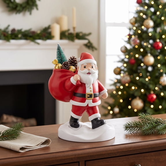 Single Piece Christmas Resin Santa Claus Statue With Snow Base, Tabletop Shelf Mantel Festive Home Decor