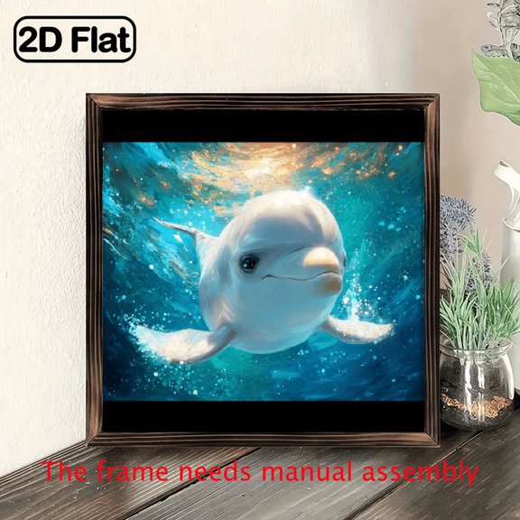 Single-Piece High-Grade Wooden Frame Poster Cute White Dolphin With Big Eyes, Suitable For Home, Living Room, Bedroom, Offices, Wall Decor, Holiday Party Decorations And Gifts.
