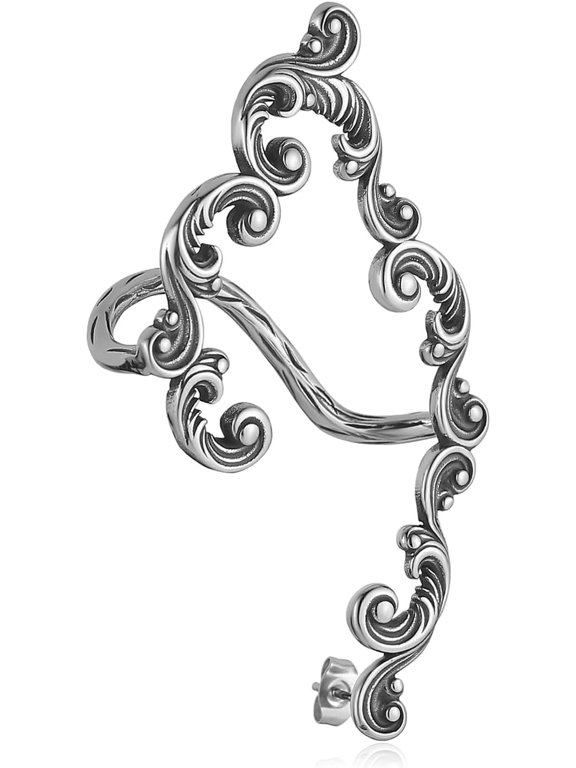 Single Piece Left Ear Only Vintage Baroque Vine Filigree Ear Cuff Stud Earring Stainless Steel Gothic Retro Statement Earring for Women