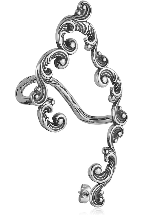 Single Piece Left Ear Only Vintage Baroque Vine Filigree Ear Cuff Stud Earring Stainless Steel Gothic Retro Statement Earring for Women