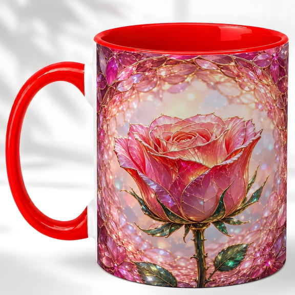 Single Pink Rose Accent Mug, 11oz Ceramic Coffee Cup for Rose Lovers