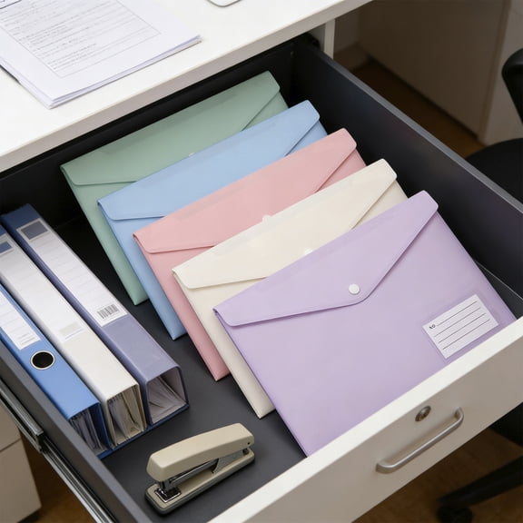 Single Pocket Poly Document Holders, File Folder with Snap Button, Plastic, Office Supplies, 5-Pack