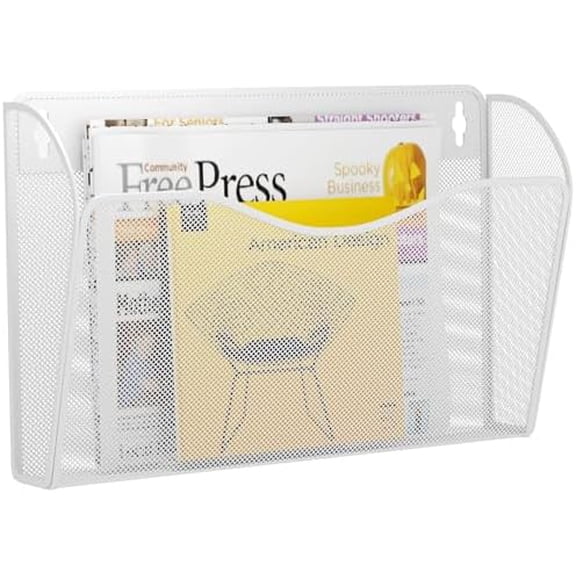 Single Pocket Wall File Holder, Mesh Hanging File Folder Paper Organizer, Vertical Wall Mounted Mail Basket, Storage Organization Magazine Rack for Office, Home and School, White