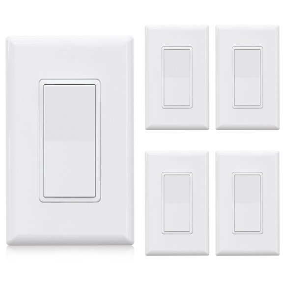 Single Pole Decors Light Switch with Screwless Plate, 15A 120-277V, Paddle Rocker Switch Replacement, On/Off Wall Switch, Self-Grounding, Residential Grade, UL/CUL (5 Pack, Glossy White)