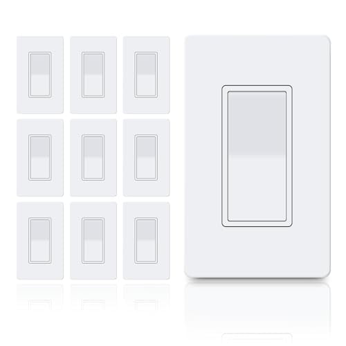 Single Pole Light Switch, 10 Pack with Cover Plate, Rocker, UL Listed, 15A 120/277V, White On/Off Wall Light Switches$$Tools & Hardware Other