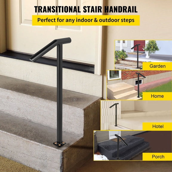 Single Post 1-2,Black Steel Railing 441LBS Capacity Baking Varnish Iron Stairs Stylish Handrails for Outdoor Steps with Expansion Bolts&Drill Bit