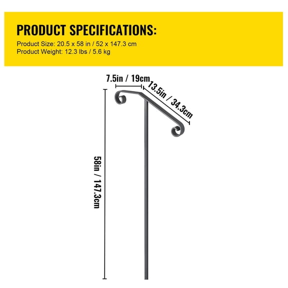 Single Post Grab Rail for Steps, Wrought Iron Handrail with Ground Mount, Fits 1-2 Steps, Gray Exterior Step Railing Support.