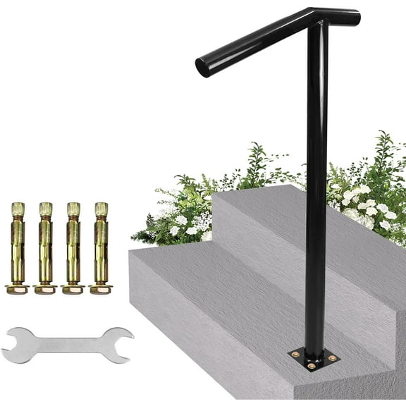 Single Post Handrail, 1-2 Step Handrails-Outdoor Stair Rail-Single Post Wrought Iron Handrail with DIY Tool Kit, 38" H Black Hand Rail Powder Coating for Concrete Steps or Wood Stairs