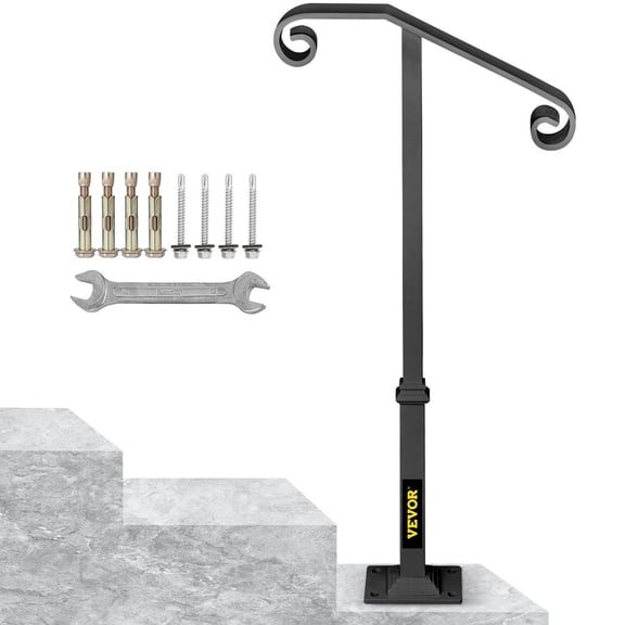 Single Post Wrought Iron Handrail Fits 1 or 2 Outdoor Steps, Transitional Gray Porch Railing with Sturdy Base for Concrete/Wooden Stairs Easy Install No-Drill Senior Safety Rail