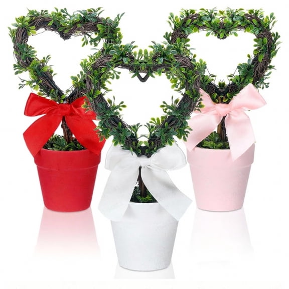 Single Potted Artificial Heart Shaped Topiary - Valentine's Day Rustic Fake Tree for Table Centerpiece, Tiewhite Tray & Romantic Gift