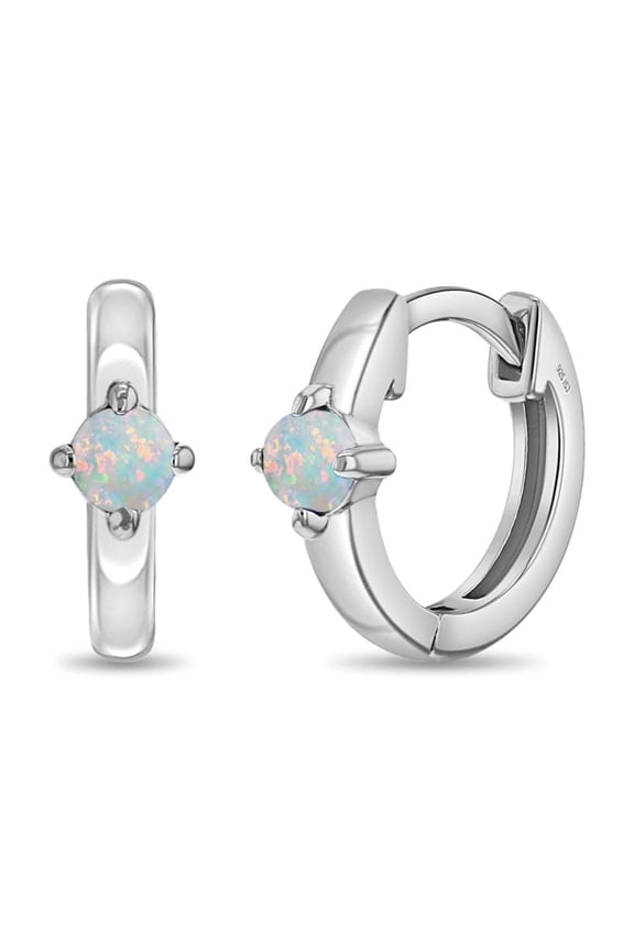 Single Prong Set White Simulated Opal Hoop Earrings 9mm - Sterling Silver