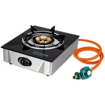 Single Propane Gas Burner Stove with Auto Ignition Tempered Glass Top Hose & Regulator for Camping and Outdoor Cooking One Burner