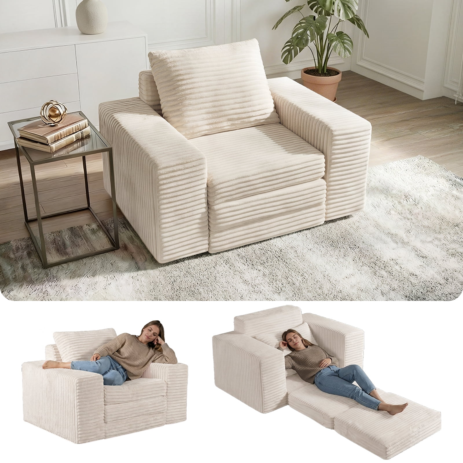 Single Pull Out Folding Sofa Bed, Corduroy Convertible Sleeper Couch with High Density Memory Foam & Pillow, 75.6" Sleeping Surface Space Saving Sofa for Dorm Apartment Guest Room