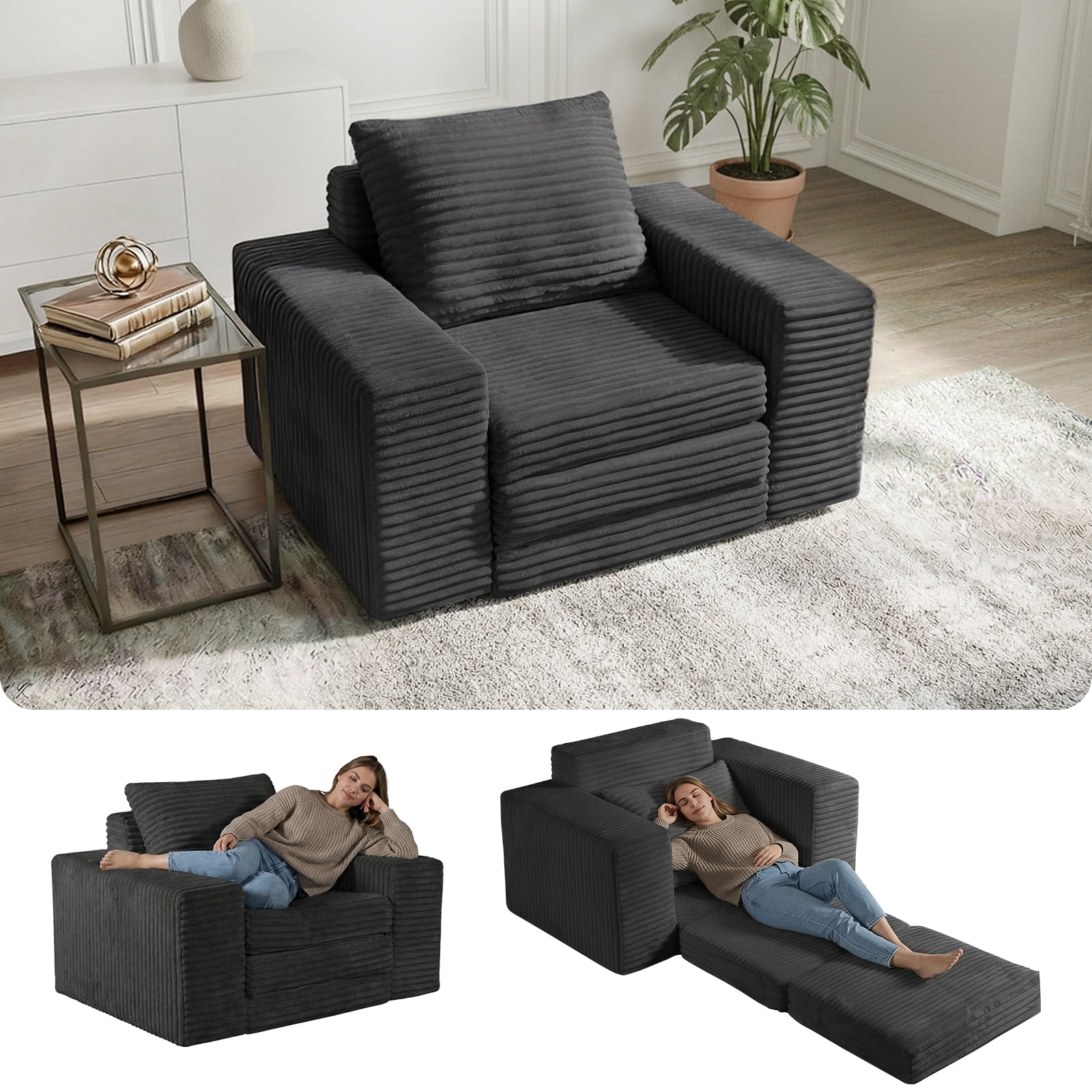 Single Pull Out Folding Sofa Bed with Memory Foam, Corduroy Convertible Sleeper Couch with Pillow, 75.6" Sleeping Surface Space Saving Sofa for Apartment Dorm Guest Room