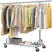 Single Rail Garment Rack on Wheels 450lbs Heavy Duty Clothes Rack with Shelves Rolling Clothing Rack with Extensible Size 71"L, Portable Adjustable for Hanging Clothes, Chrome Finish
