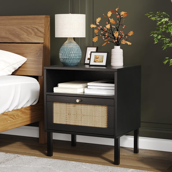 Single Rattan Nightstand, Bedside Table With Open Shelf And Door, Boho End Table
