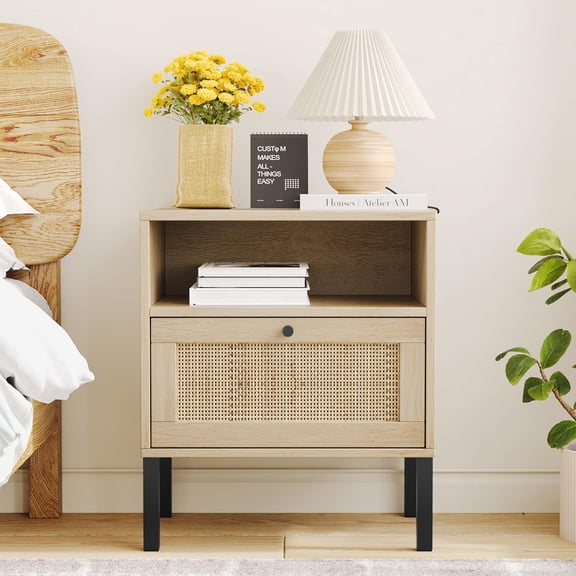 HoopieHome Single Rattan Nightstand, Bedside Table With Open Shelf And Door, Boho End Table