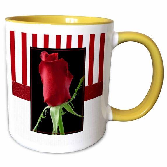 3drose, Single Red Rose on Black with Red and White Striped Background, 11oz Two-tone Yellow Mug