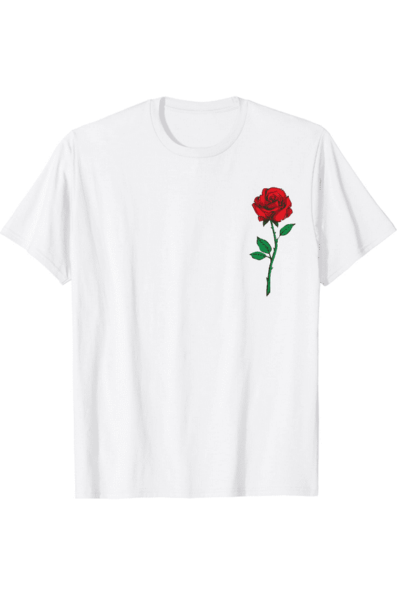Single Red Rose Pocket Flower Romantic Love Pocket T-Shirt100% cotton