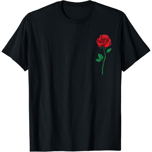 Single Red Rose Pocket Flower Romantic Love Pocket T-Shirt