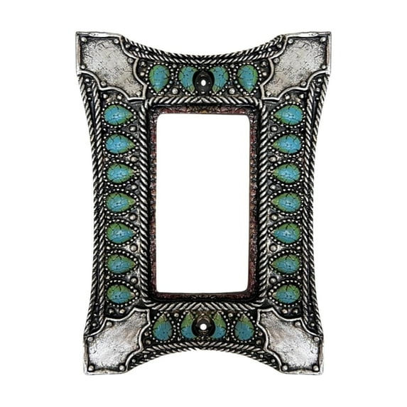 Single Rocker Switch Decorative Wall Plate - 1-Gang Light Switch Cover in Southwest Tooled Leather and Hand-Painted Faux Turquoise Gemstone Design - Soutwestern & Inspired Home Decor