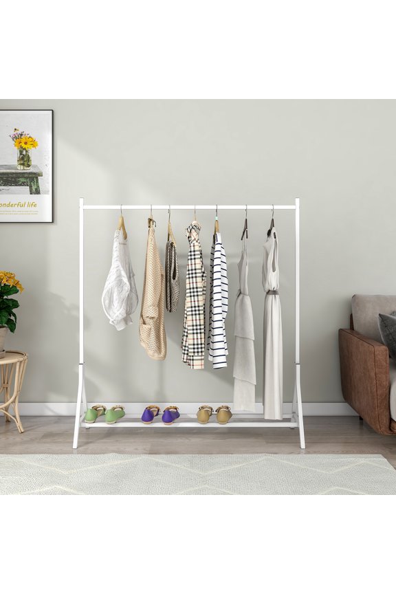 Single Rod Clothes Rack, Metal Garment Rack With Storage Shelf And Adjustable Anti-Slip Legs, Garment Rack Organizer For Coats Shirts Dress Shoes, Easy Assemble