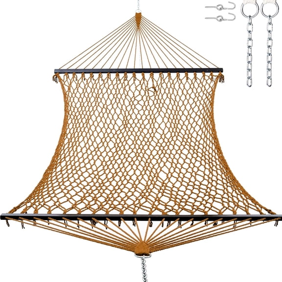Single Rope Hammocks for Outside, Traditional Hand Woven Cotton Hammock with Hardwood Spreader Bar, Max 450 lbs Capacity