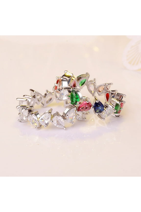 Single Row Water Drop Pear-shaped Simulation Diamond Ring Full of Diamonds Exquisite Luxury Colorful Gemstone Female Ring