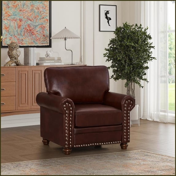 Single-Seat Burgundy Faux Leather Sofa – Round Arms, Solid Wood Legs for Living Room | Red | Wood | PU Leather