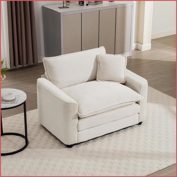 Single Seat Classic Modern Corduroy Sofa with Pillow | Off-White | Corduroy | Cushion Back Living Room Bedroom