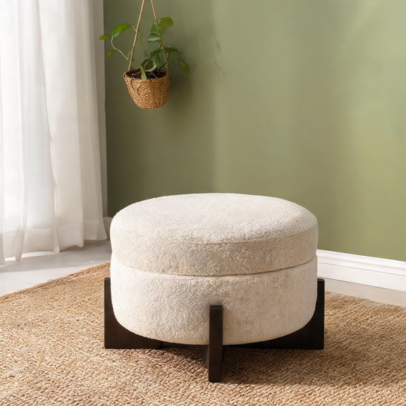 Single Seat Soft Beige Sherpa Boucl Round Storage Ottoman Multi-Use Footrest Accent for Minimalist Scandinavian Homes