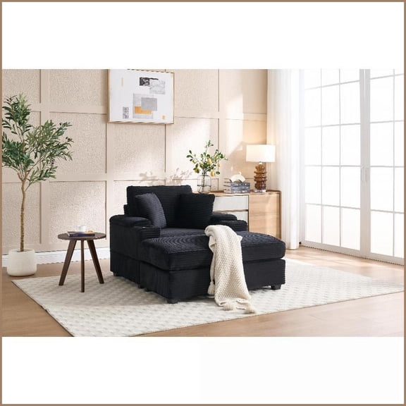 Single Seat Wide Stripe Corduroy Chaise Lounge Sofa with Storage Armrest, Movable Ottoman & Cupholders – Perfect for Living Room/Office | Corduroy | Wood | Cushion Back