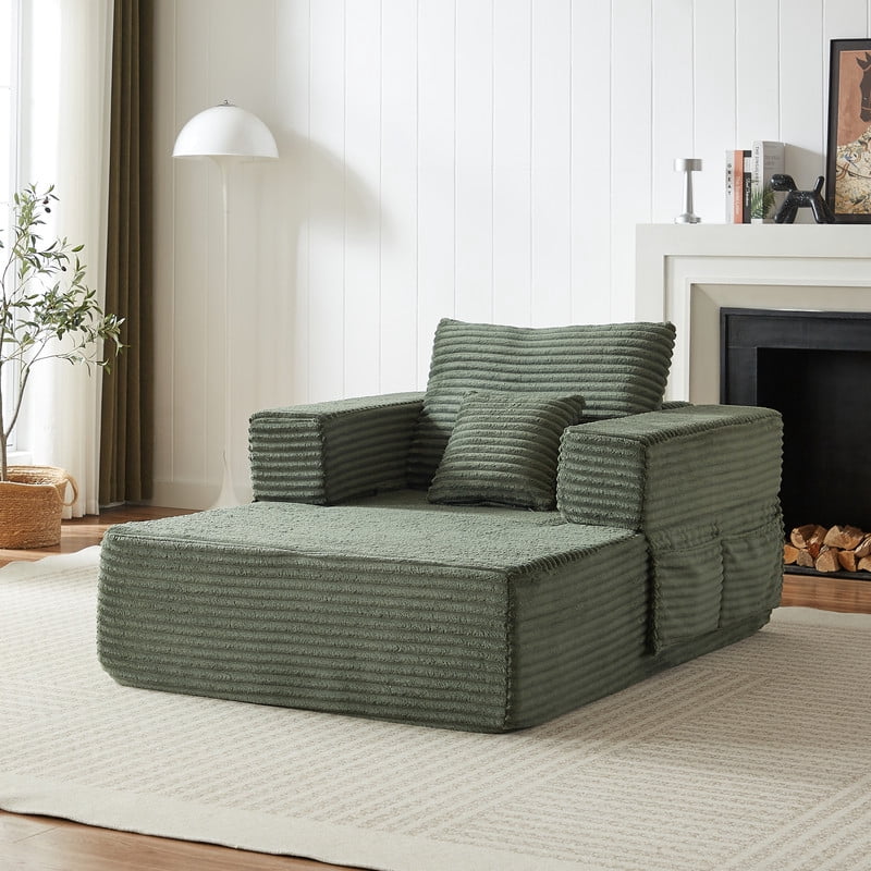 Single-Seater Upholstered Lazy Sofa, Floor Lounge Chair with Back Cushion & Throw Pillow, Oversized Chaise Lounge with Pockets