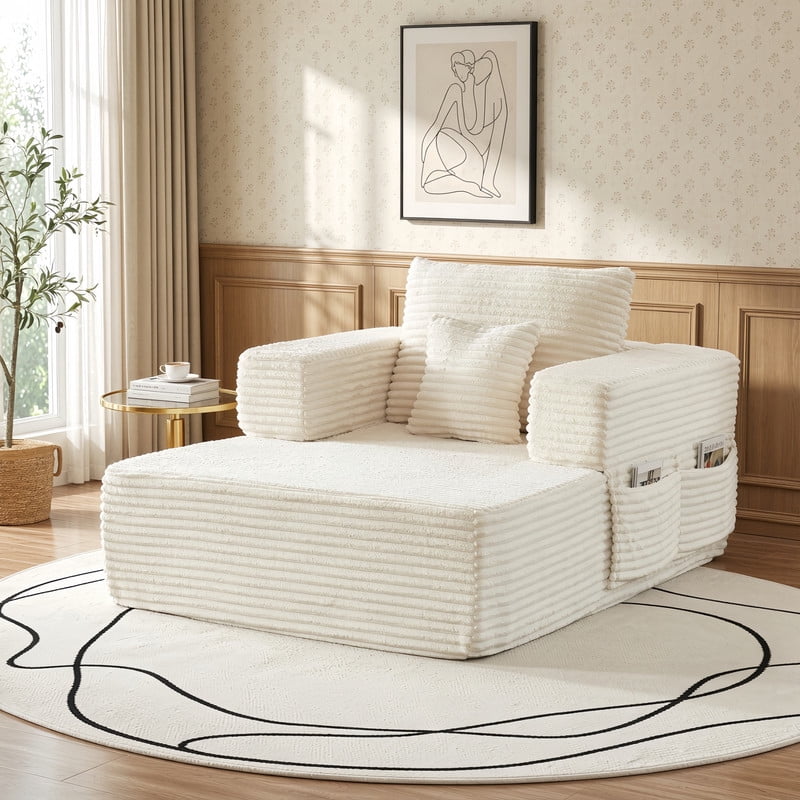 Single-Seater Upholstered Lazy Sofa, Floor Lounge Chair with Back Cushion & Throw Pillow, Oversized Chaise Lounge with Pockets