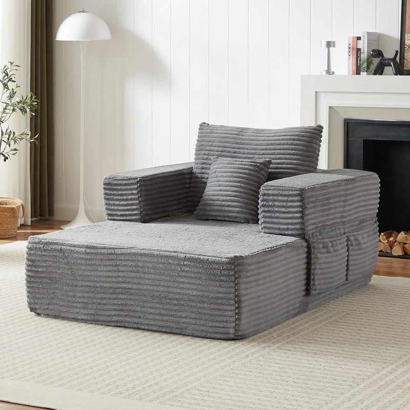 Single-Seater Upholstered Lazy Sofa, Floor Lounge Chair with Back Cushion & Throw Pillow, Oversized Chaise Lounge with Pockets