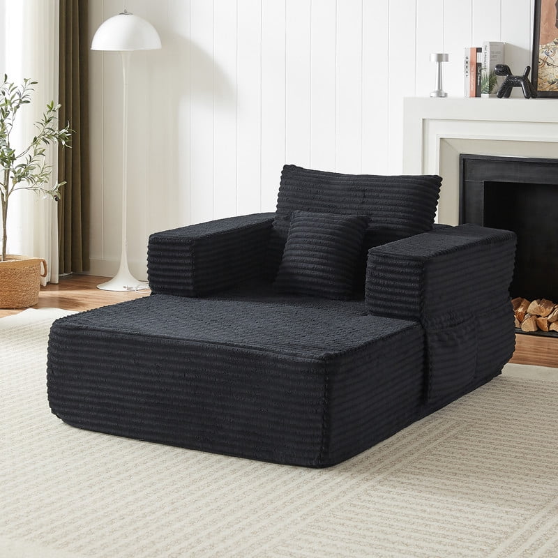 Single-Seater Upholstered Lazy Sofa, Floor Lounge Chair with Back Cushion & Throw Pillow, Oversized Chaise Lounge with Pockets