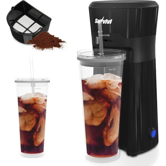 Single Serve Brew Machine, 20 oz for hot and iced coffee and tea, with reusable filter, tumbler, lid, straw, black